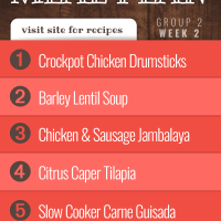 Meal Plan for Week 2 (Group 2): Crockpot Chicken Drumsticks, Barley Lentil Soup, Chicken and Sausage Jambalaya, Citrus Caper Tilapia, Carne Guisada