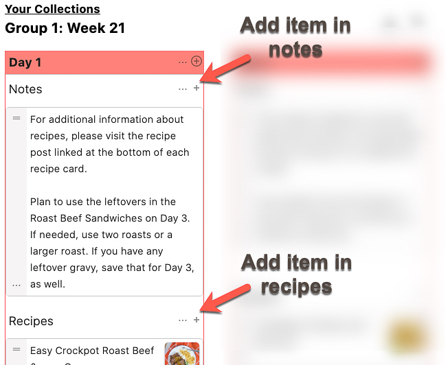 Screenshot with arrows pointing to add to notes and add to recipes
