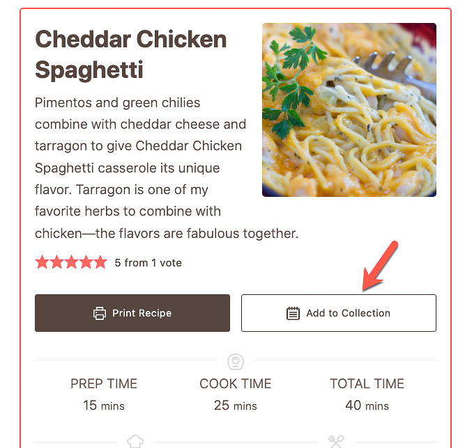 recipe card with Add to Collection button circled