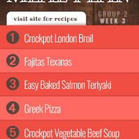 Meal Plan for Week 3 (Group 2): Crockpot London Broil, Fajitas Texanas, Easy Baked Salmon Teriyaki, Greek Pizza, Crockpot Vegetable Beef Soup