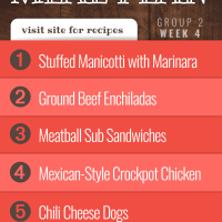 Meal Plan for Week 4 (Group 2): Stuffed Manicotti with Crockpot Marinara Sauce, Ground Beef Enchiladas, Meatball Subs, Easy Mexican-Style Crockpot Chicken, Chili Dogs