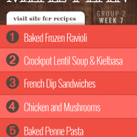 Meal Plan for Week 7 (Group 2): Baked Frozen Ravioli, Lentil Soup with Kielbasa, French Dip Sandwiches, Chicken and Mushrooms, Baked Penne Pasta