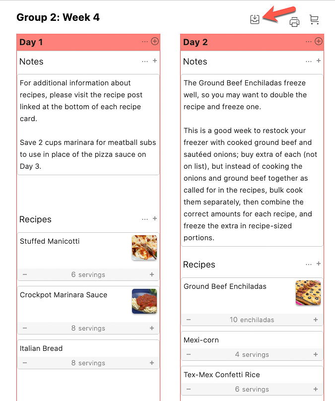 Screenshot of a meal plan with arrow pointing to the Save to My Collections button