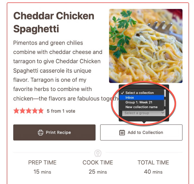 Screenshot showing dropdown with choice of collections