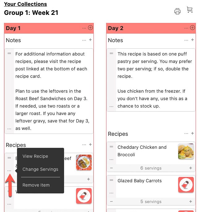 Screenshot showing options to edit recipe: View Recipe, Change Servings, and Remove Item