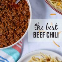 Large bowl of all beef chili (no beans) with text The Best Beef Chili.