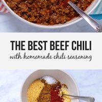 Large bowl of all beef chili (no beans) and a bowl of spices with text The Best Beef Chili with Homemade Seasoning.