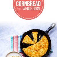 Cornbread in a cast iron skillet with text Easy Cornbread with Whole Corn