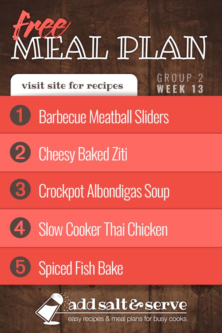 List of meals for free meal plan for week 13 (group 2)