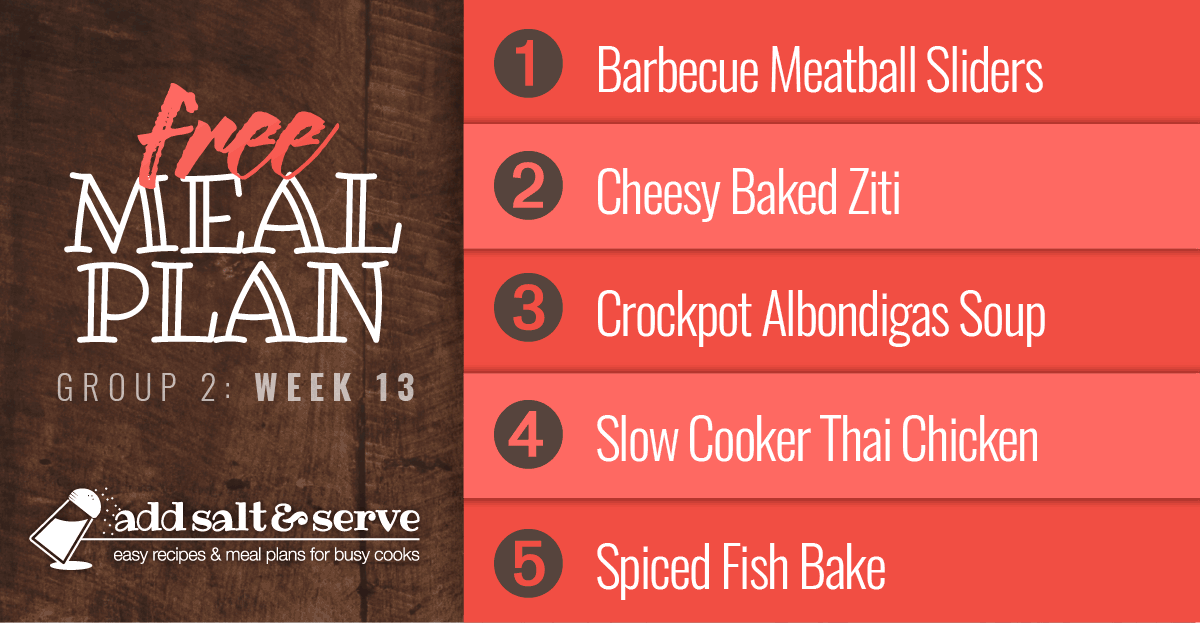List of meals for free meal plan for week 13 (group 2)