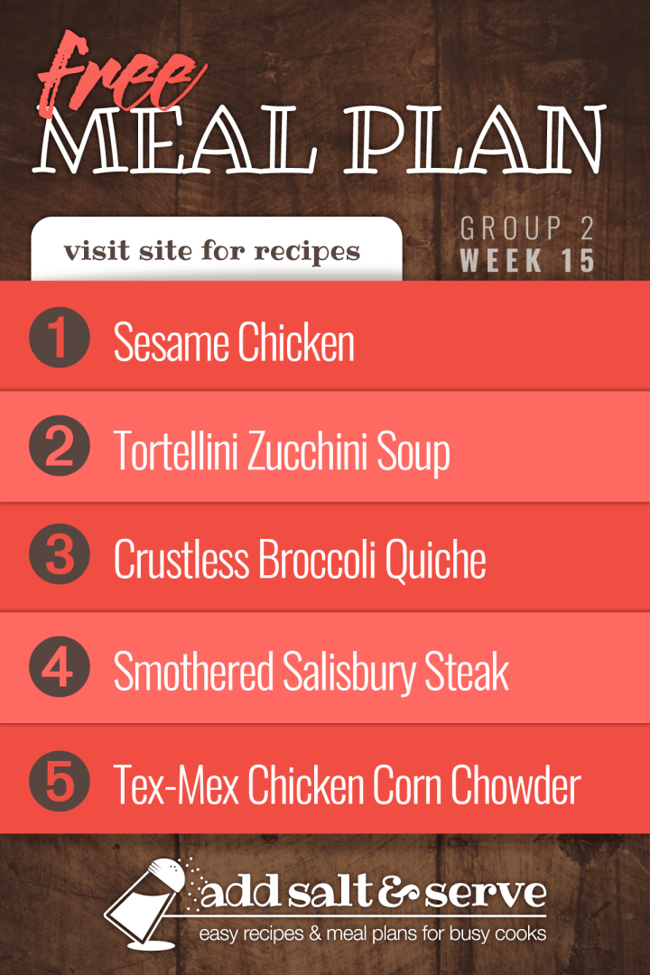 List of meals in Week 15 (Group 2) Meal Plan
