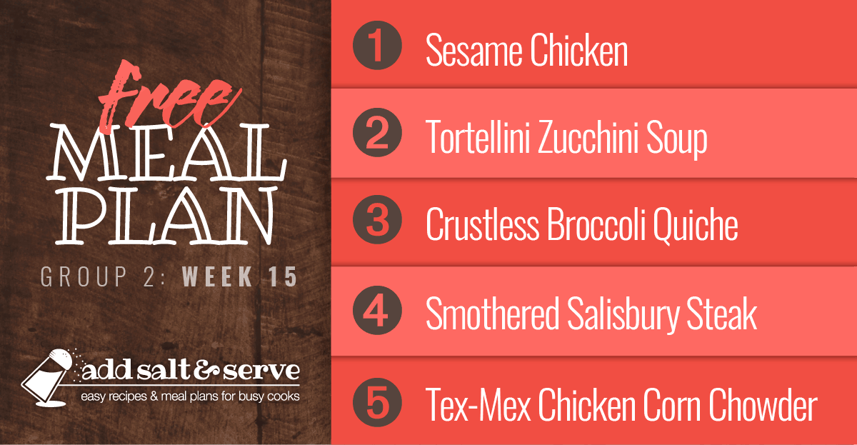 List of meals in Week 15 (Group 2) Meal Plan
