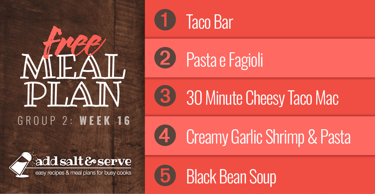 List of meals fpr Week 16 Group 2 meal plan