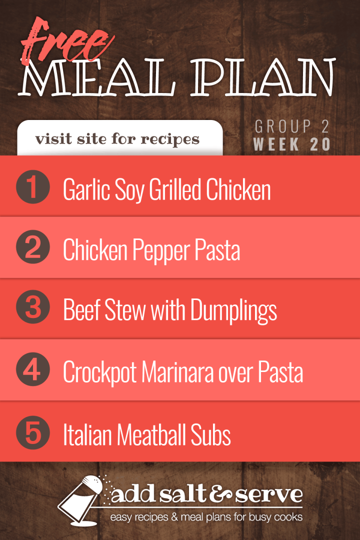 List of recipes in Week 20 meal plan