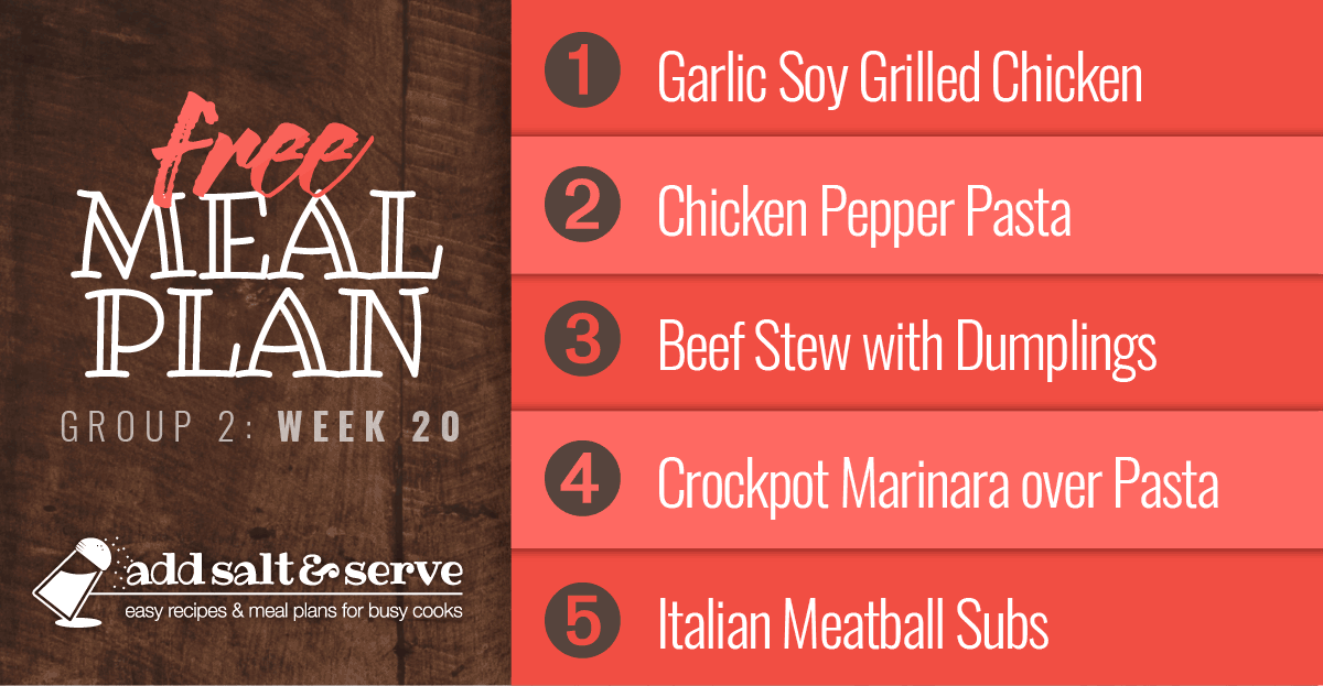 List of recipes in Week 20 meal plan
