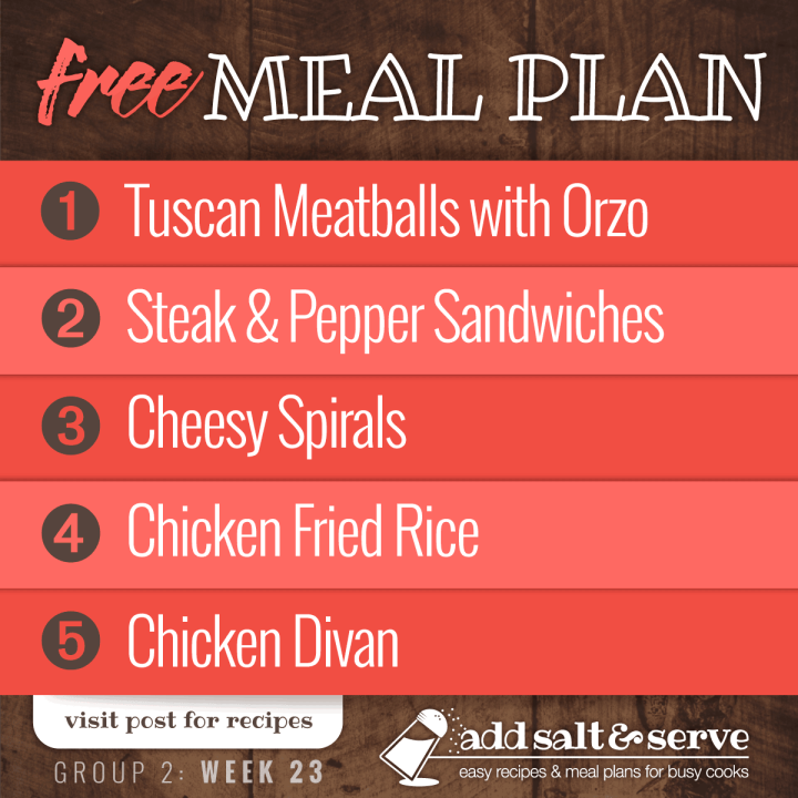 List of meals in Week 23 (Group 2) meal plan.