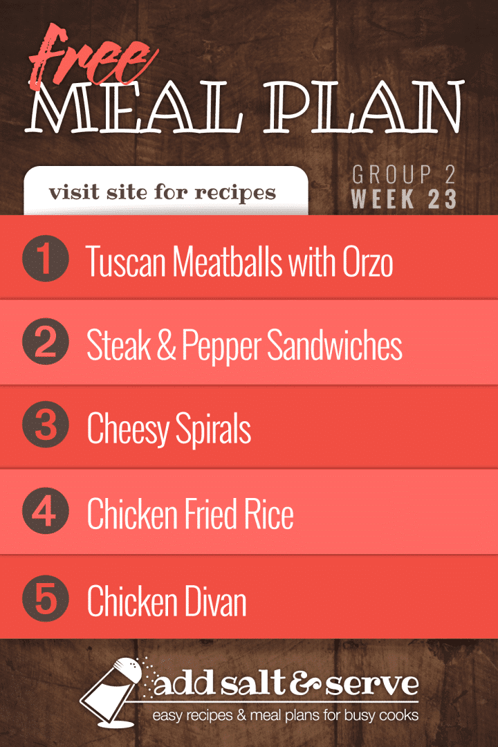 List of meals in Week 23 (Group 2) meal plan.