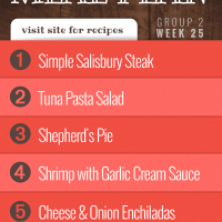 Free Meal Plan for Week 25 (Group 2): Simple Salisbury Steak, Tuna Pasta Salad, Shepherd's Pie, Shrimp with Garlic Cream Sauce, Cheese and Onion Enchiladas.