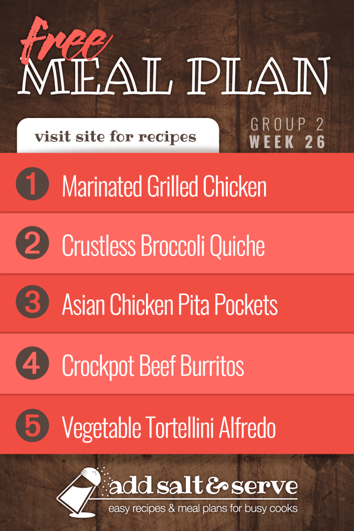 List of recipes in Week 26 (Group 2) meal plan