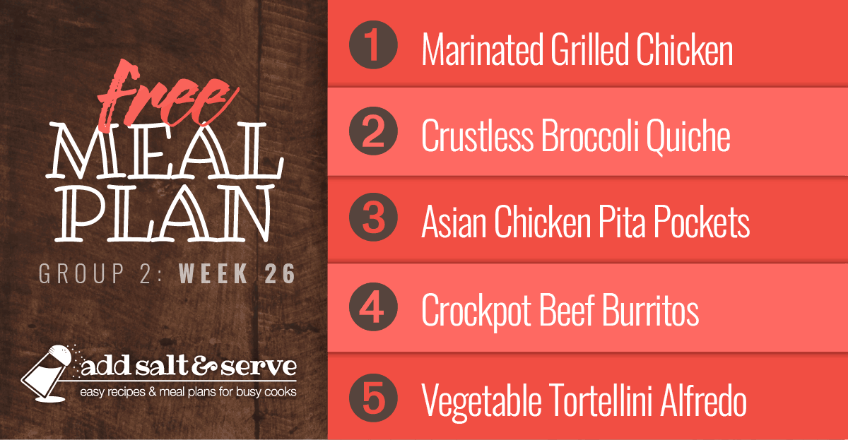 List of recipes in Week 26 (Group 2) meal plan