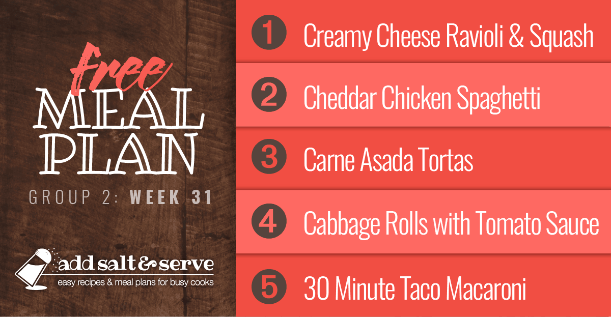 List of recipes in Week 31 (Group 2) meal plan