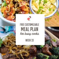 Composite image showing Crockpot London Broil, Easy Beef with Broccoli over Rice, Easy Crockpot Chicken and Dumplings, Taco Mac Salad with Doritos and text Free Customizable Meal Plan for Busy Cooks Week 33.