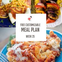 Composite image with Burritos Mojados, Cheesy Baked Ziti, and Beef & Vegetable Kabobs over yellow rice with text Free customizable meal plan week 35.