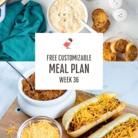 Composite image with chili cheese dogs and chicken gnocchi soup with text Free customizable Meal Plan Week 36.