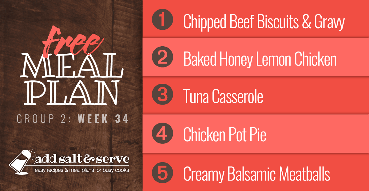List of recipes in Meal Plan for Week 34 (Group 2).