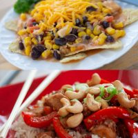 Composite image iwth Chinese Cashew Chicken over rice and Chicken Enchilada Soup with text Week 37 Free Customizable Meal Plan.