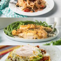 Composite image with Zucchini Linguini, Swiss Chicken and Green beans, and Beef Tostados with textWeek 38 Free Customizable Meal Plan.
