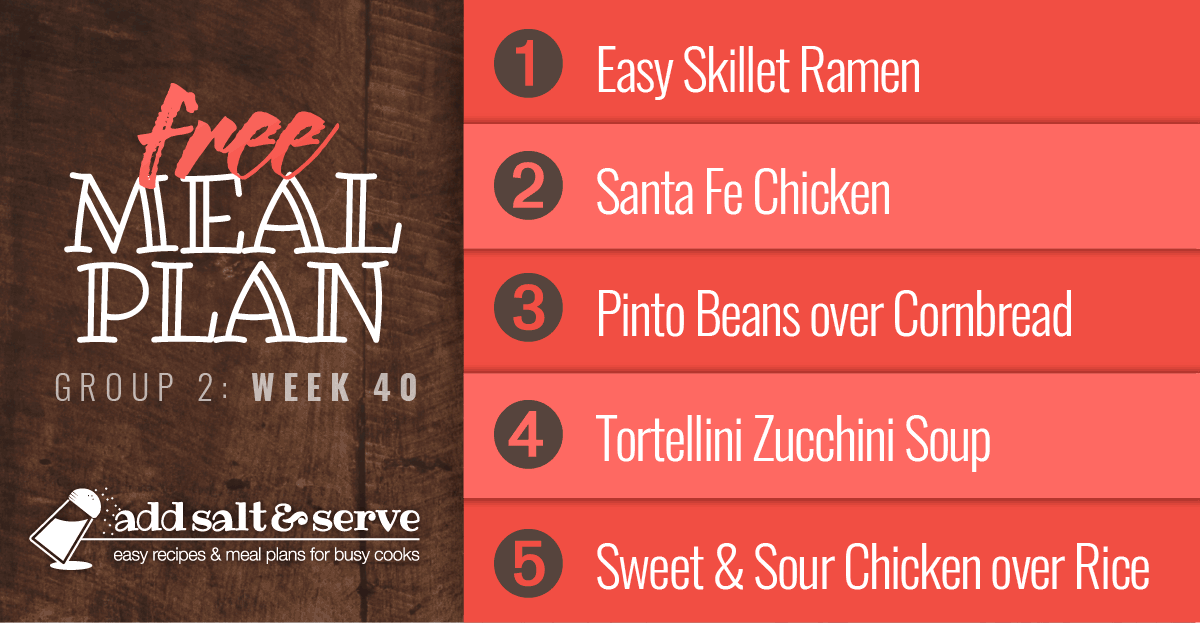List of recipes in meal plan for week 40 (Group 2).