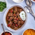 Overhead view of Carne Guisada made in the crock pot.