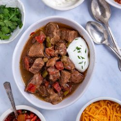 Overhead view of Carne Guisada made in the crock pot.