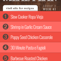 Free Meal Plan for Week 41 (Group 2): Slow Cooker Ropa Vieja, Shrimp in Garlic Cream Sauce, Poppy Seed Chicken Casserole, 30 Minute Pasta e Fagioli, Barbecue Roasted Chicken.