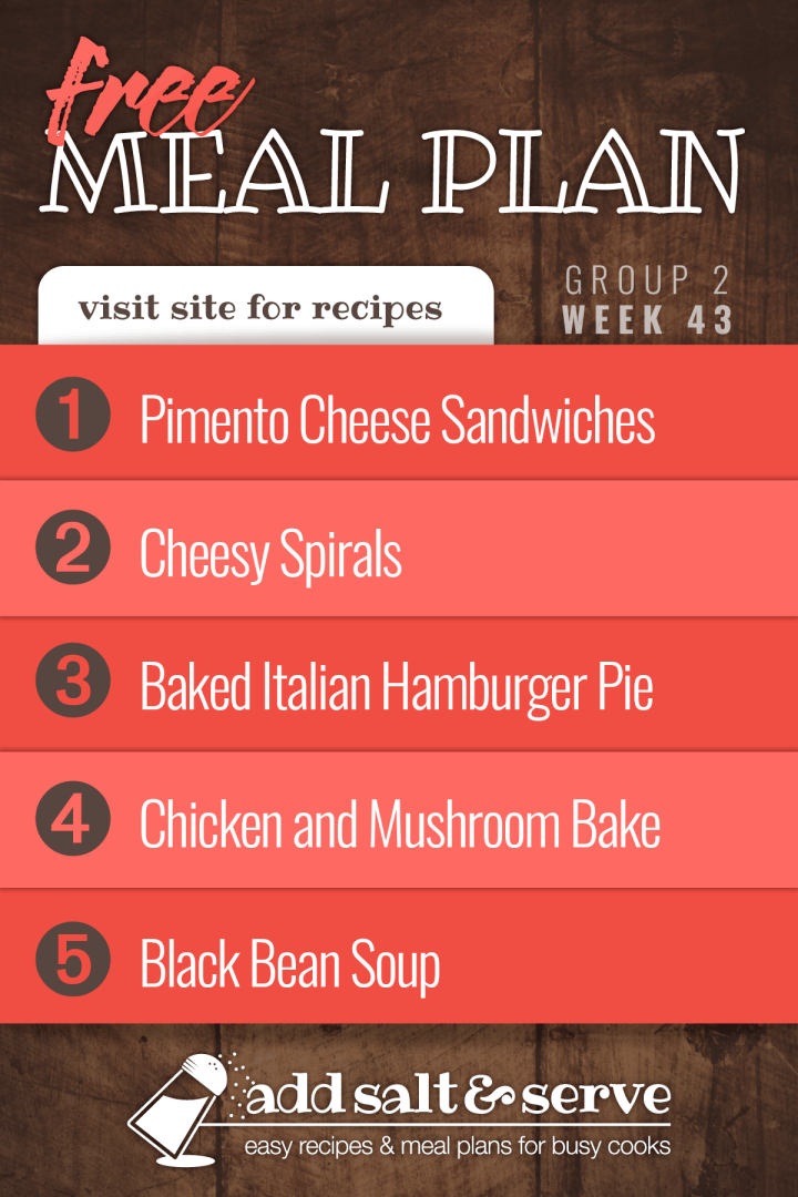 List of recipes in Week 43 meal plan.
