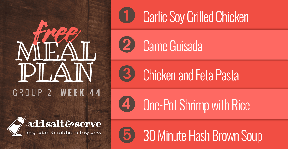 List of recipes in free meal plan for Week 44 (Group 2).