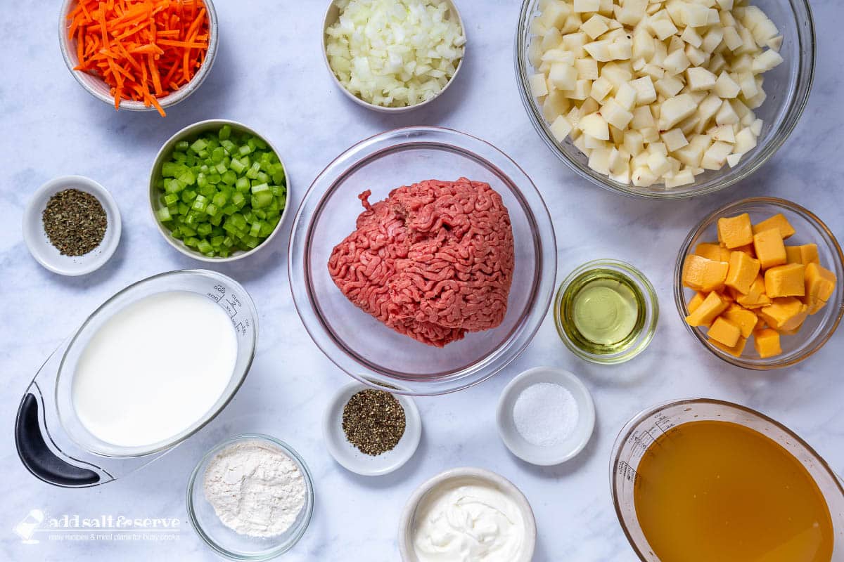 Ingredients for Cheeseburger Soup with Velveeta.