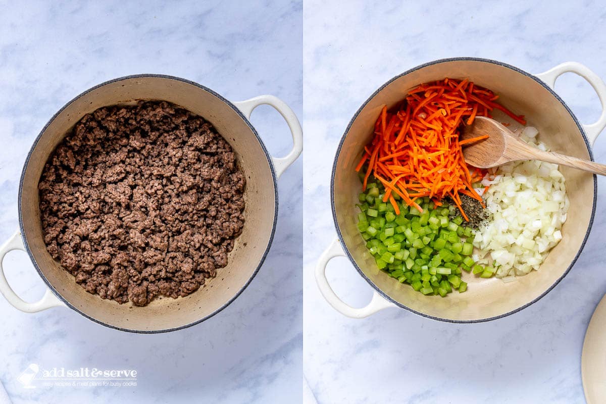 Composite image; left: cooked ground beef in a soup pot; right: Soup pot with diced celery, shredded carrots, and chopped onions.
