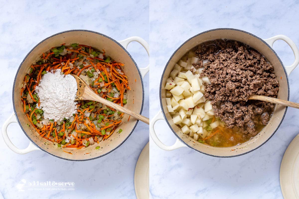 Composite image; left: Soup pot with sautéed diced celery, shredded carrots, and chopped onions with flour on top; right: soup pot with chopped potatoes, cooked ground beef, broth, and vegetables.