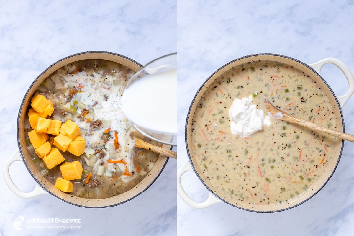 Composite image; left: adding milk to soup pot with cubed Velveeta cheese, potatoes, ground beef, vegetables, and broth; right: Cheeseburger soup with sour cream added but not yet stirred in.