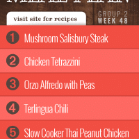 Free Meal Plan for Week 48 (Group 2): Mushroom Salisbury Steak, Chicken Tetrazzini, Orzo Alfredo with Peas, Terlingua Chili, Slow Cooker Thai Peanut Chicken.