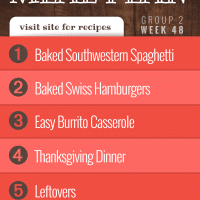 Free Meal Plan for Week 48 (Group 2): Baked Southwestern Spaghetti, Shortcut Baked Swiss Hamburgers, Easy Burrito Casserole, and Thanksgiving Dinner.