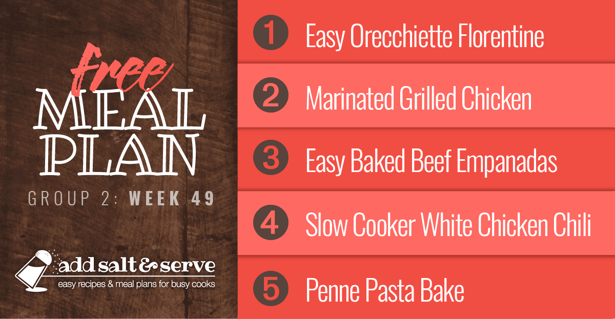 List of recipes in Week 49 Meal Plan.