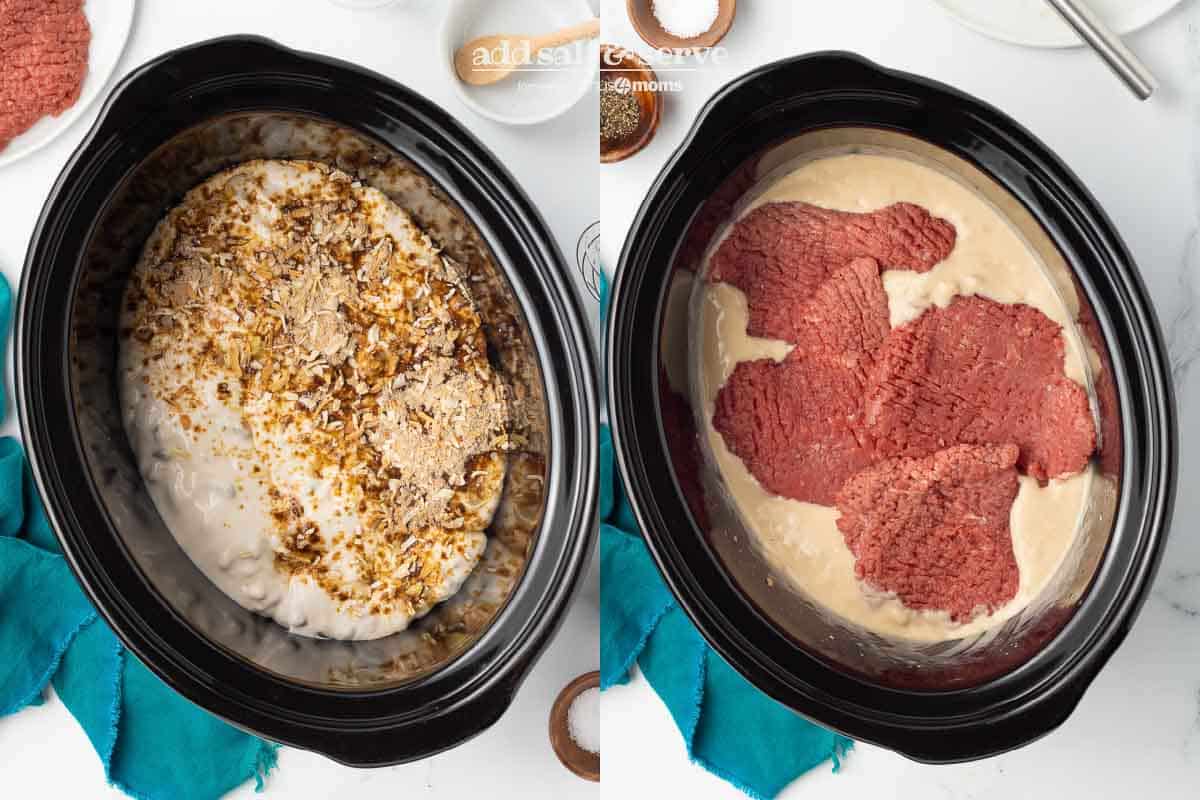 Left side is cream of mushroom soup and Lipton dry onion soup mix in a crock pot before mixing; right side is after mixing and adding the cube steak to the crock pot.