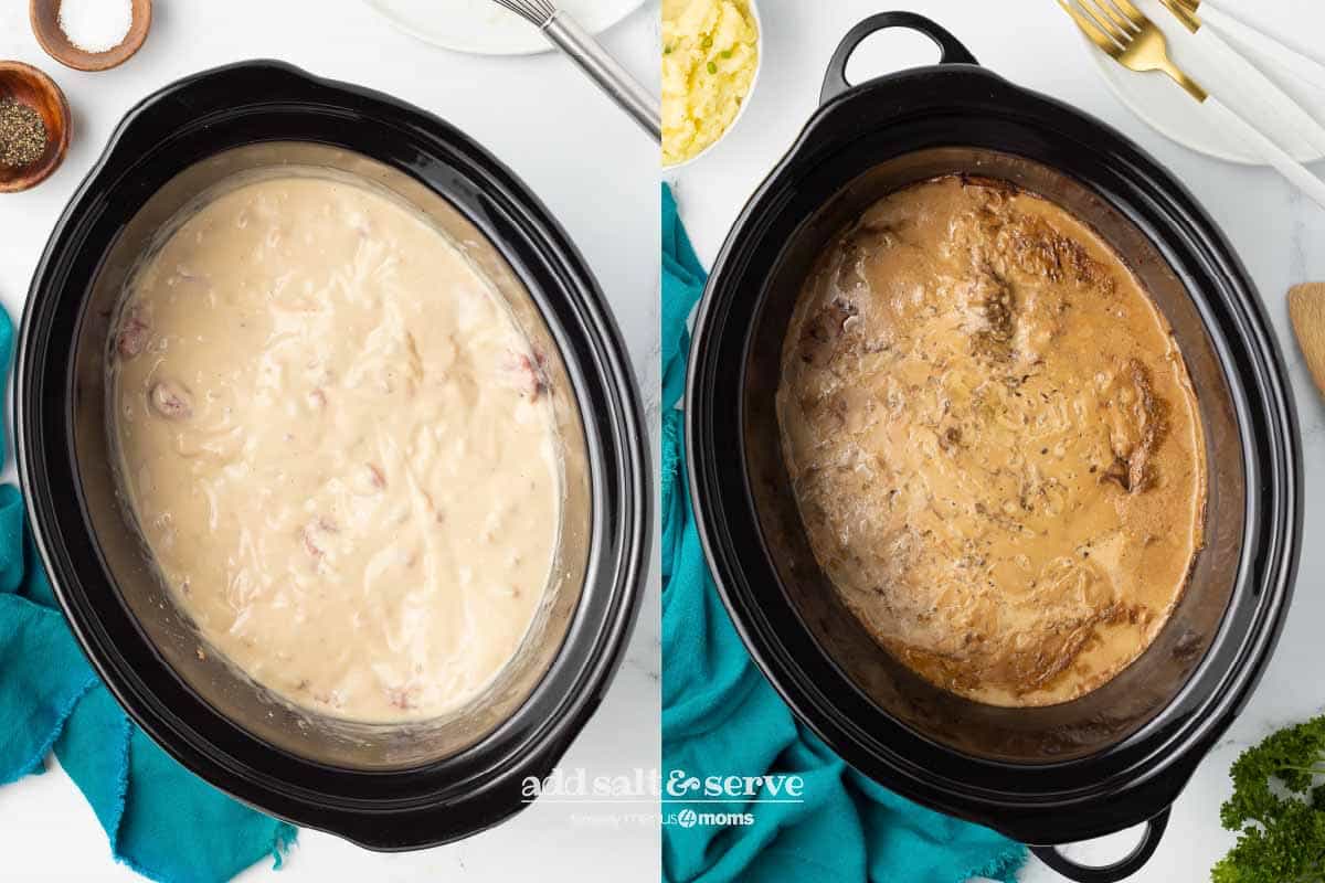 Left side - cube steak in a gravy of cream of mushroom soup, Lipton dry onion soup mix, and water before cooking; right side is after cooking.