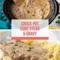 Cube steak with mushroom soup gravy served over mashed potatoes.