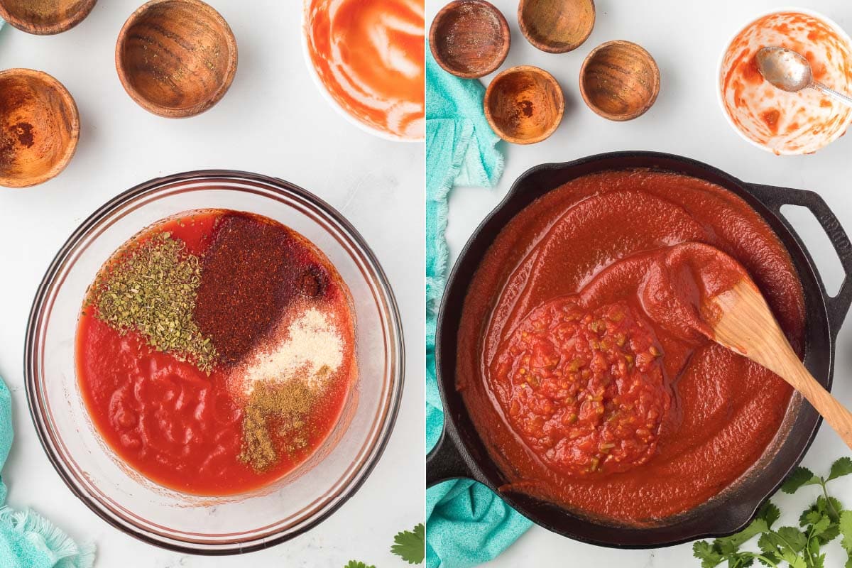 Composite: Left side is tomato sauce with seasonings on top in a glass bowl; right side is tomato sauce & seasonings mixed together in a cast iron skillet with salsa added.
