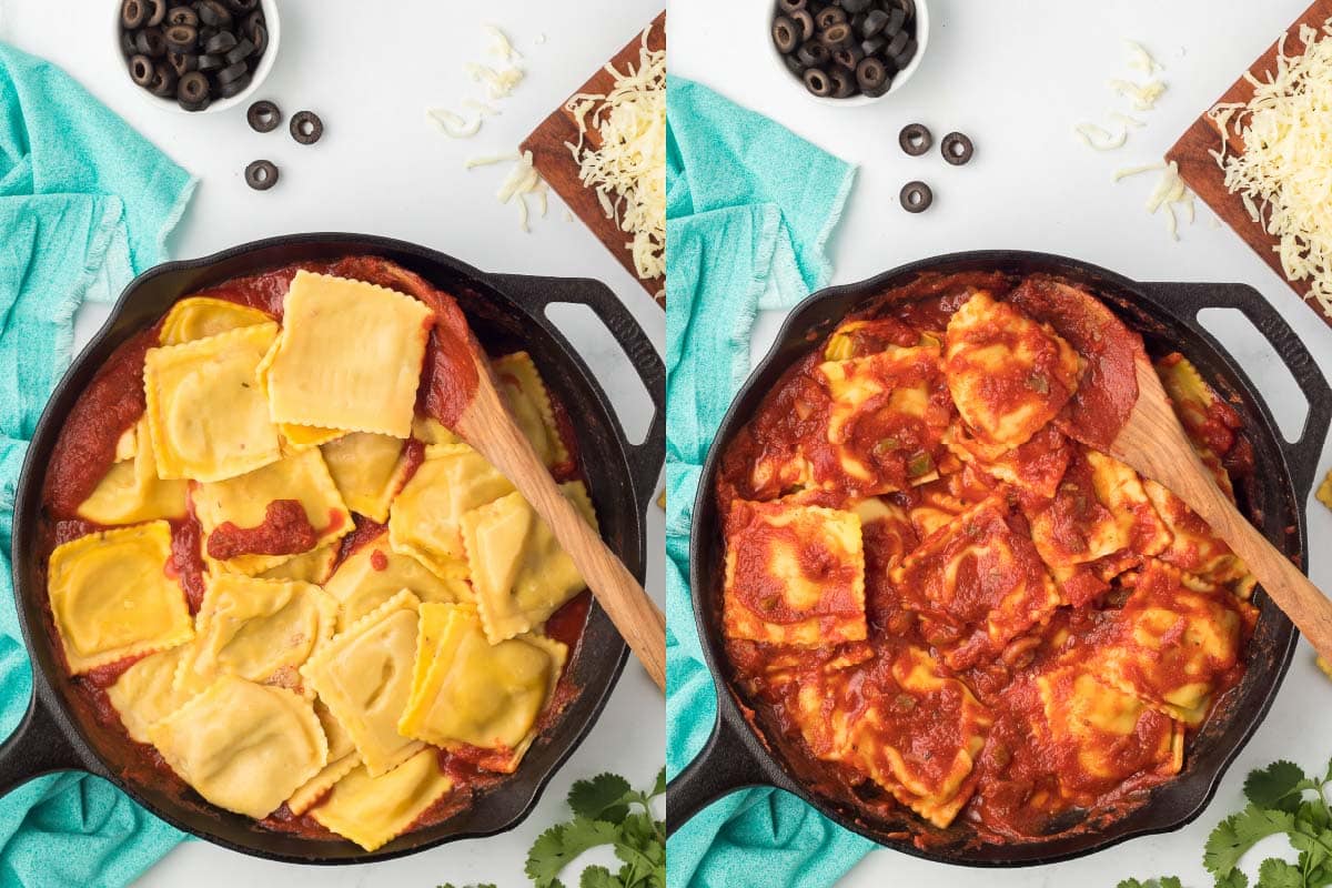 Composite: Left side is cooked ravioli added to prepared red sauce in a cast iron skillet; right side is after mixing the sauce and ravioli.