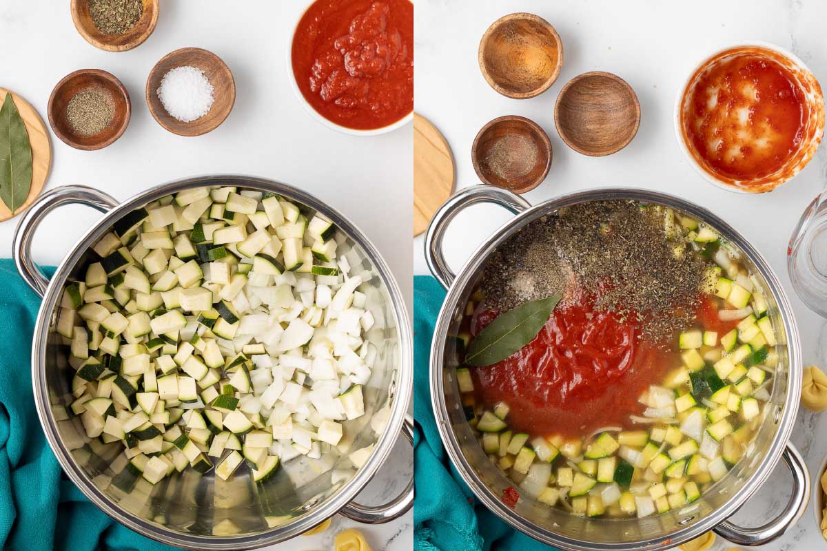 Composite image: left is cooking pot with chopped zucchini and onions, and herbs; right is the same after adding crushed tomatoes, herbs, and salt and pepper.